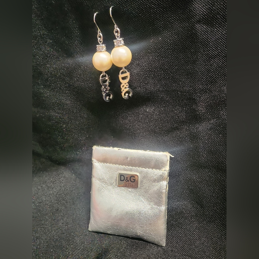 Dolce & Gabbana Vintage Faux Pearl Crystal Logo Drop Dangle Earrings
